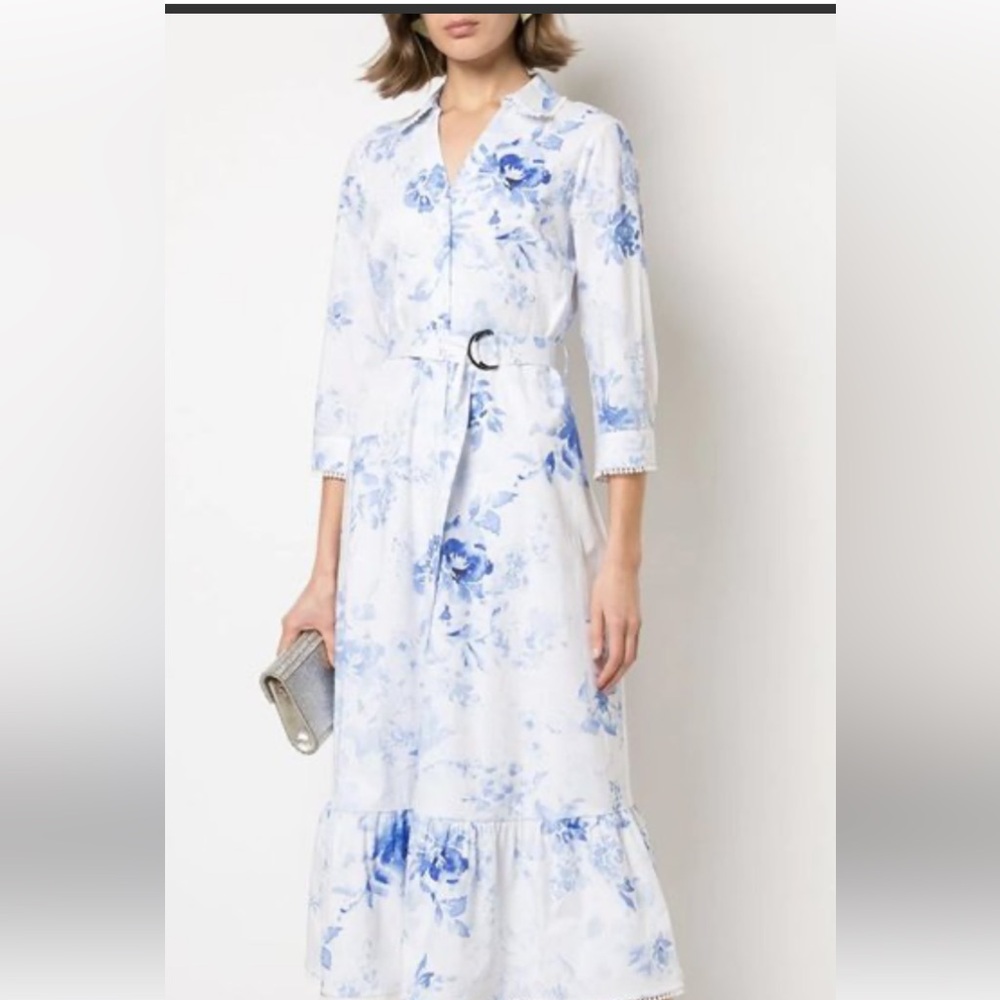Chic Long Sleeve Floral Dress in Blue and White
